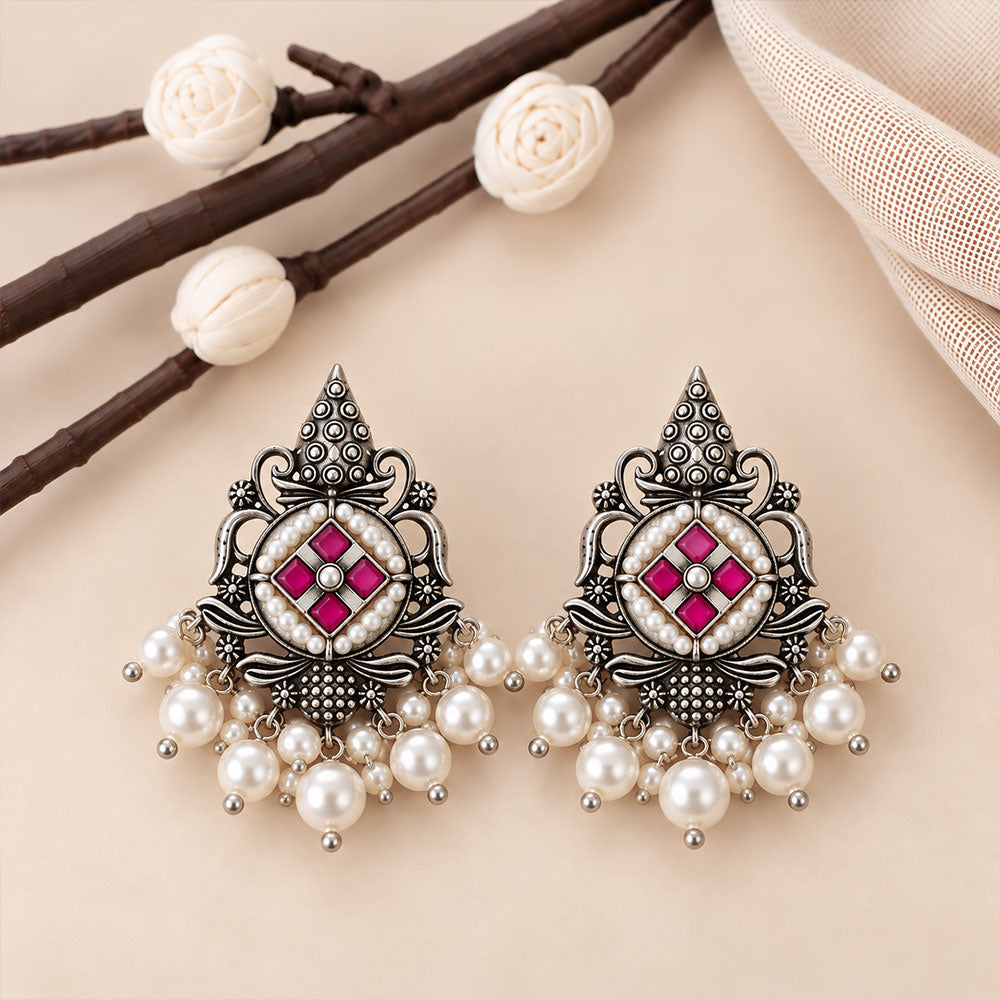 Maniratna – Silver Brass Dangler Earrings - Red