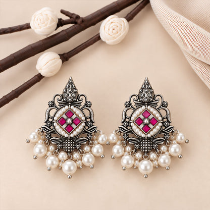 Maniratna – Silver Brass Dangler Earrings - Red