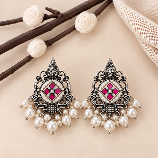 Maniratna – Silver Brass Dangler Earrings - Red