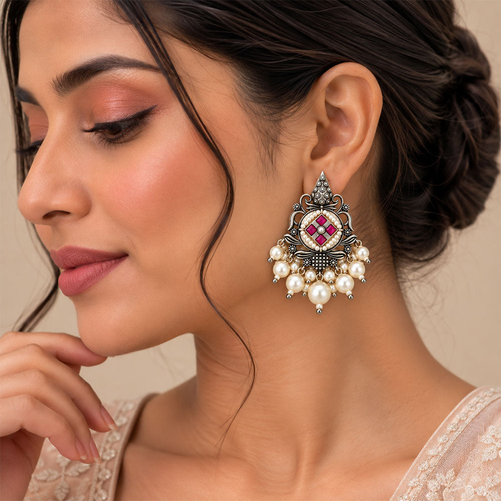 Maniratna – Silver Brass Dangler Earrings - Red