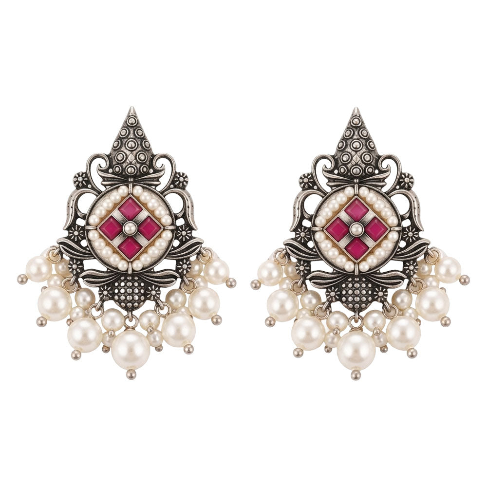 Maniratna – Silver Brass Dangler Earrings - Red