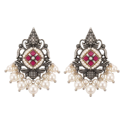 Maniratna – Silver Brass Dangler Earrings - Red