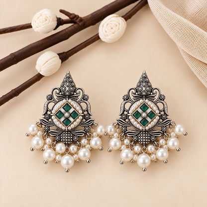 Maniratna – Silver Brass Dangler Earrings - Green