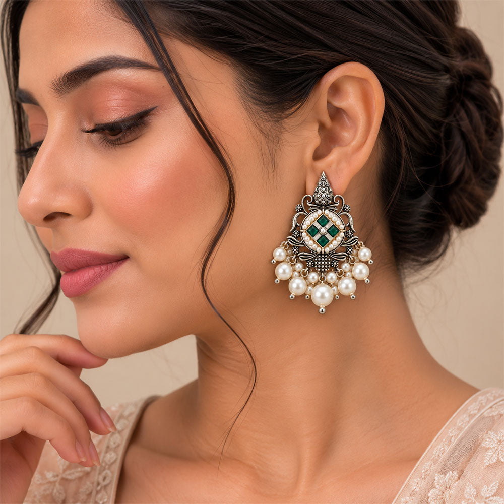 Maniratna – Silver Brass Dangler Earrings - Green