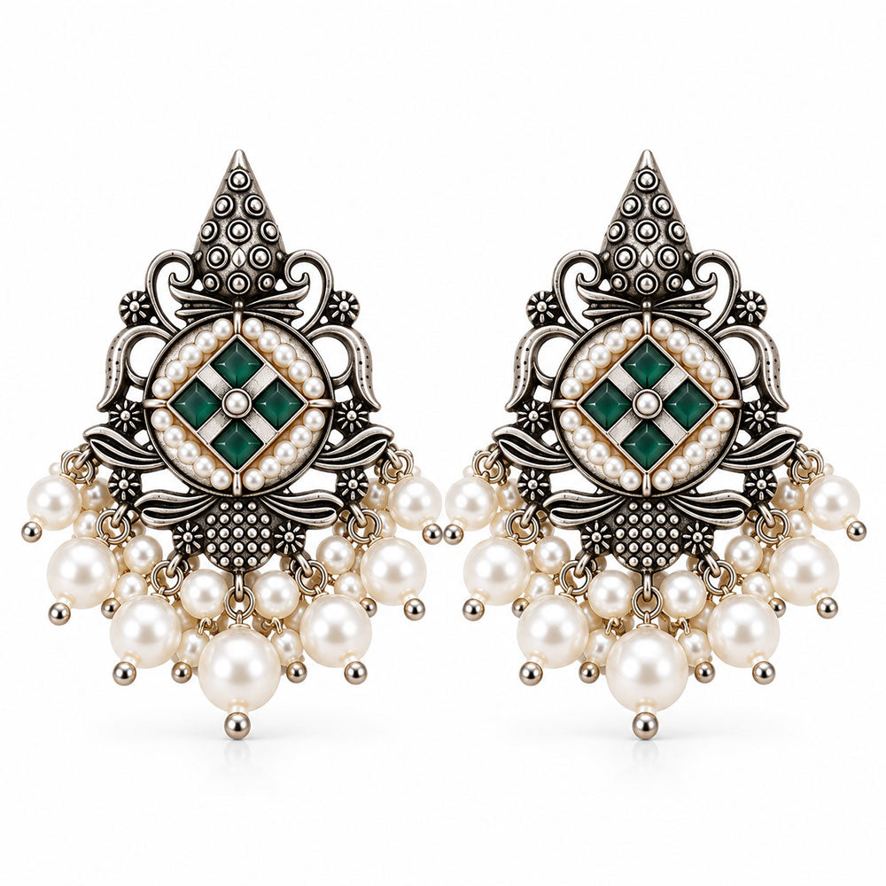 Maniratna – Silver Brass Dangler Earrings - Green