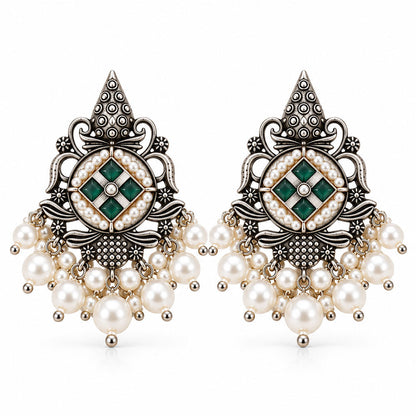 Maniratna – Silver Brass Dangler Earrings - Green