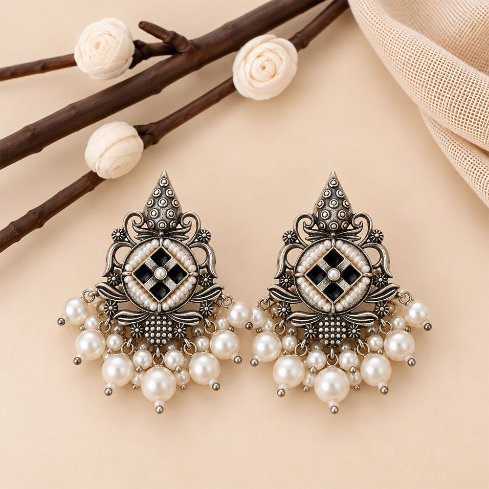 Maniratna – Silver Brass Dangler Earrings - Black