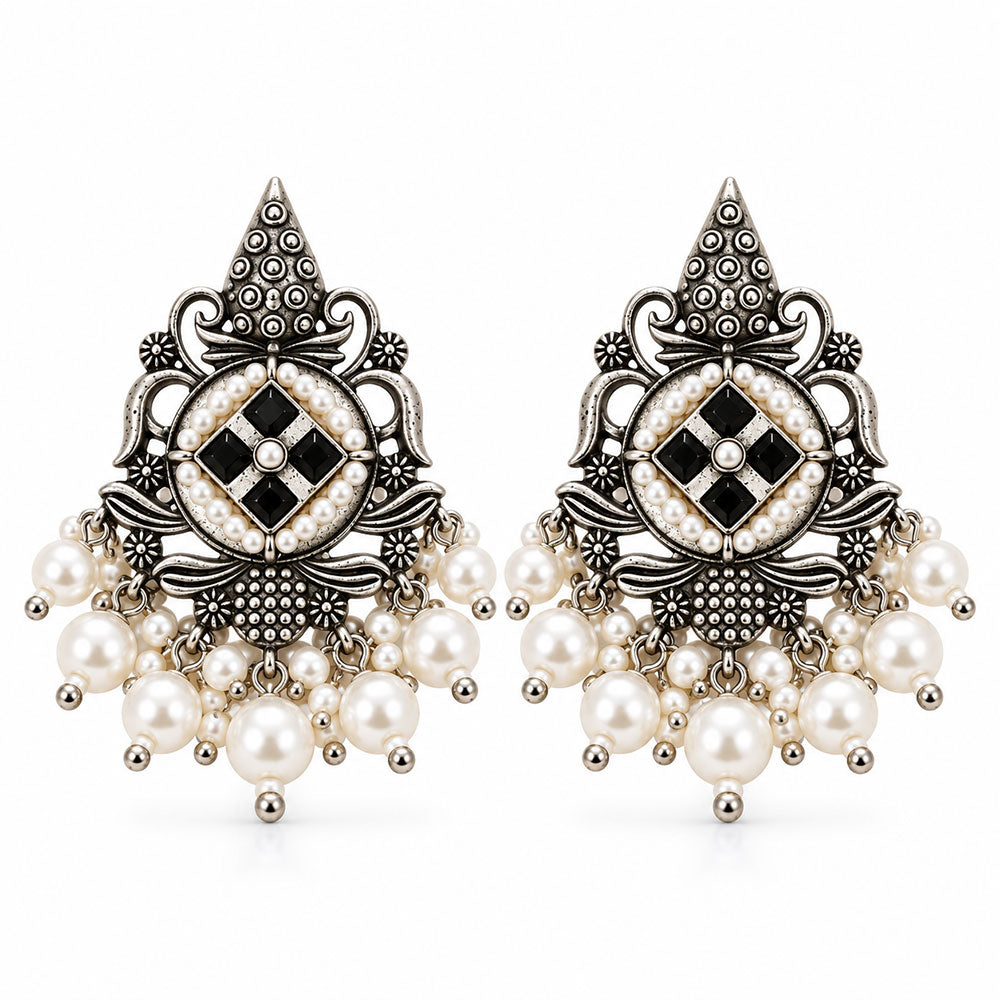 Maniratna – Silver Brass Dangler Earrings - Black