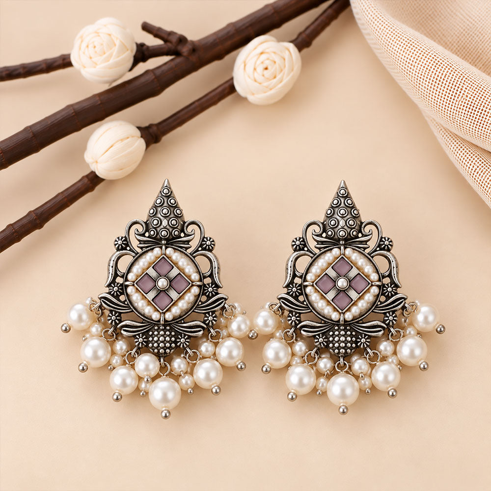 Maniratna – Silver Brass Dangler Earrings - Pink