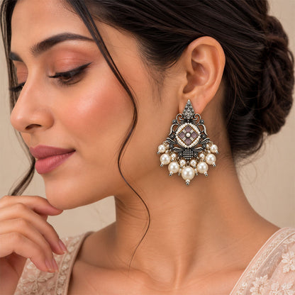 Maniratna – Silver Brass Dangler Earrings - Pink