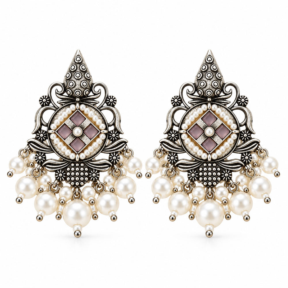 Maniratna – Silver Brass Dangler Earrings - Pink