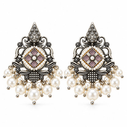 Maniratna – Silver Brass Dangler Earrings - Pink