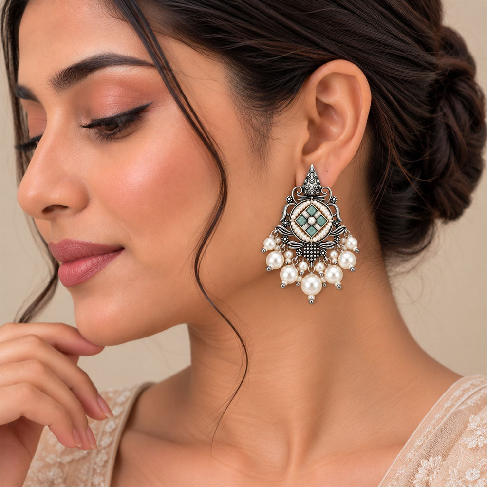 Maniratna – Silver Brass Dangler Earrings - Mint
