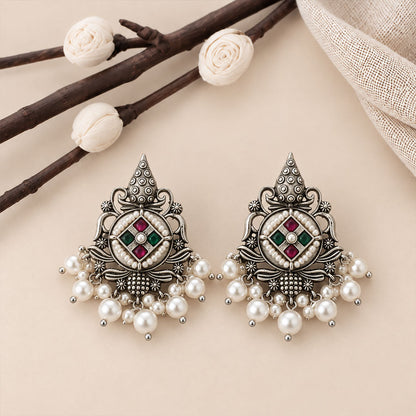 Maniratna – Silver Brass Dangler Earrings - Multicolored