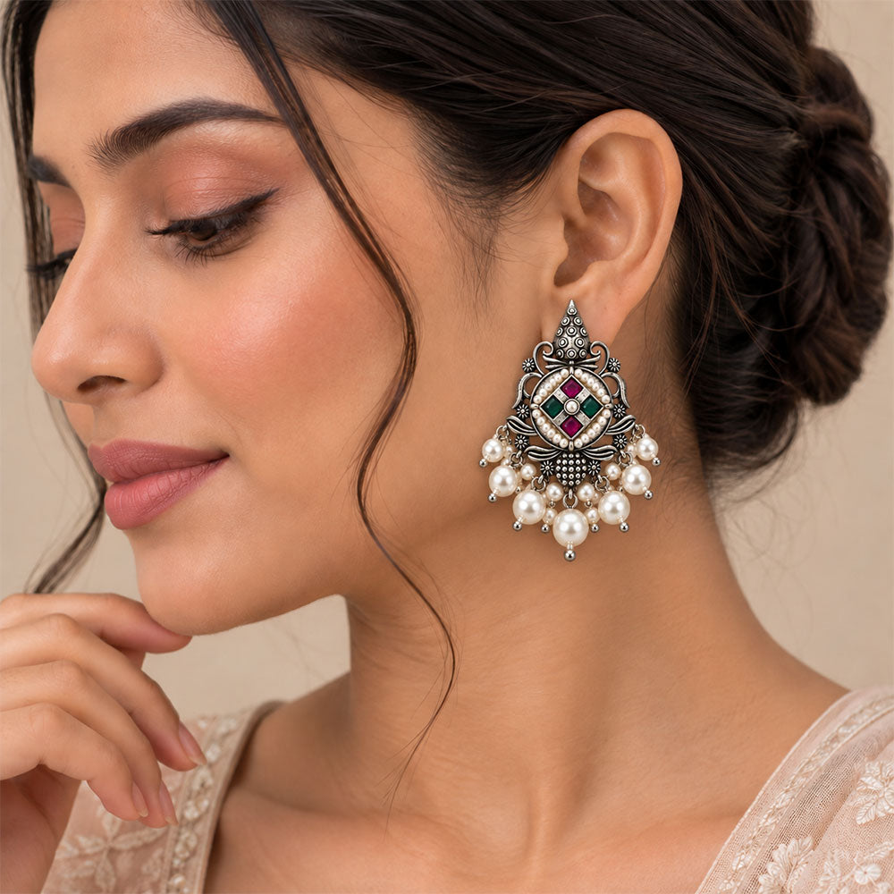 Maniratna – Silver Brass Dangler Earrings - Multicolored