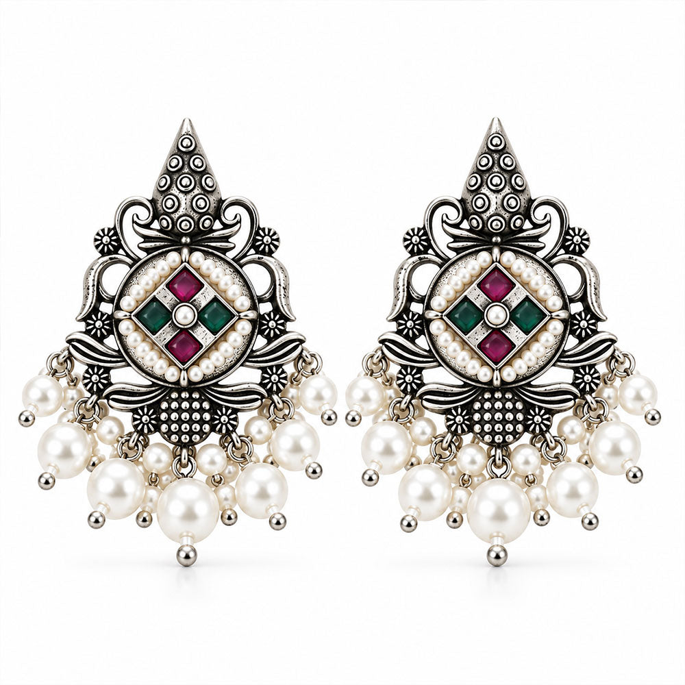 Maniratna – Silver Brass Dangler Earrings - Multicolored