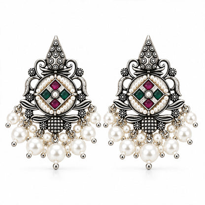 Maniratna – Silver Brass Dangler Earrings - Multicolored