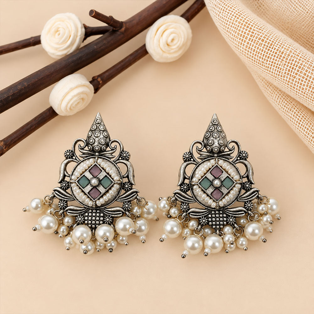 Maniratna – Silver Brass Dangler Earrings - Multicolored