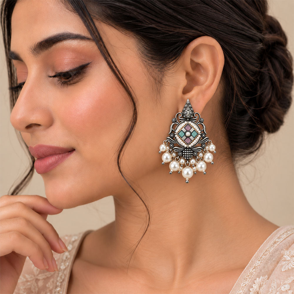 Maniratna – Silver Brass Dangler Earrings - Multicolored