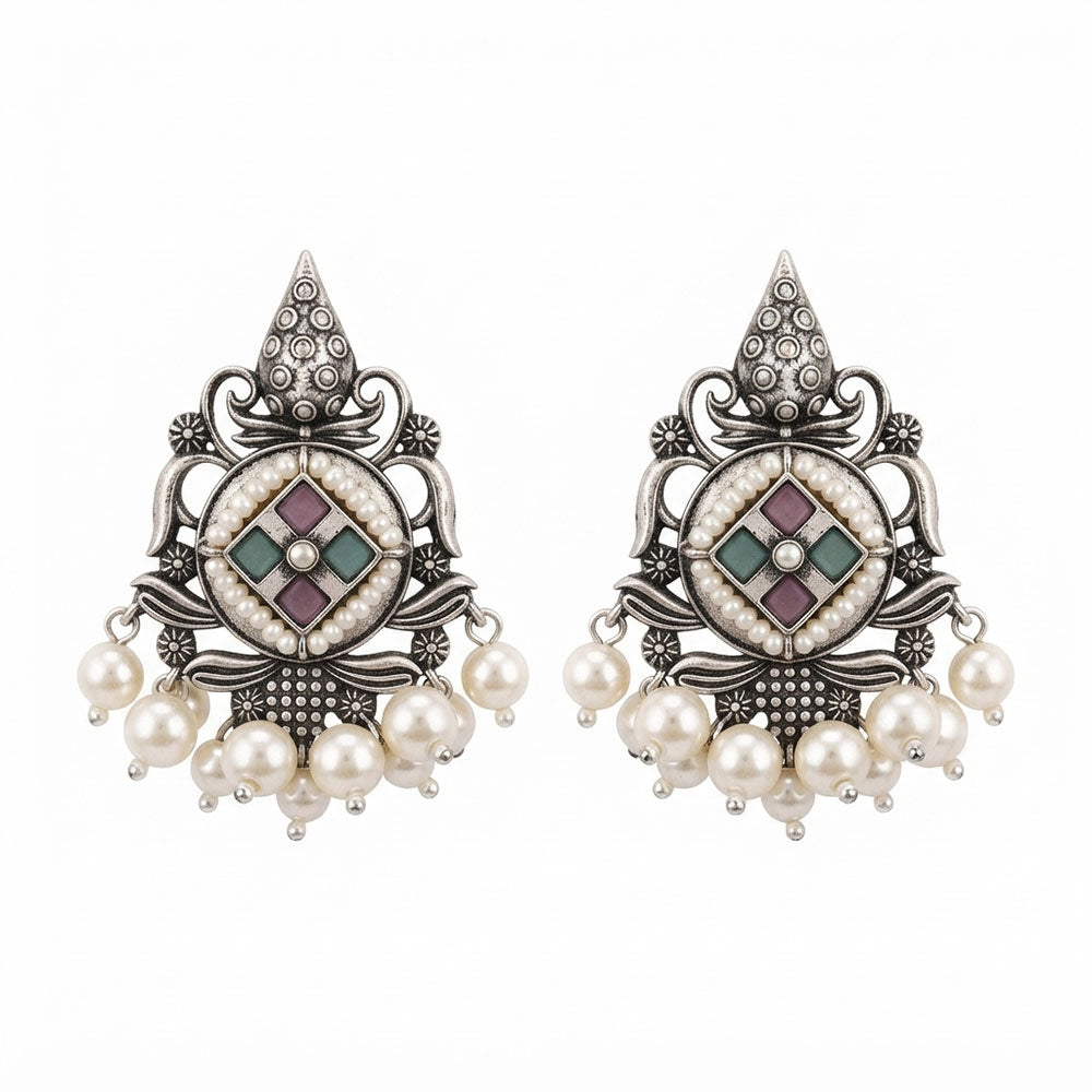 Maniratna – Silver Brass Dangler Earrings - Multicolored