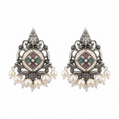 Maniratna – Silver Brass Dangler Earrings - Multicolored