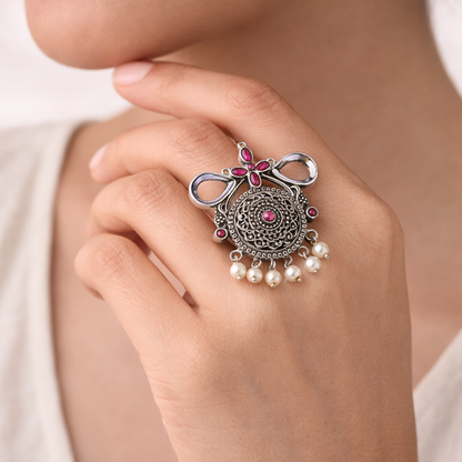 Anwita- Silver oxidised ring (Red)