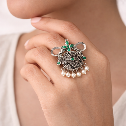 Anwita- Silver oxidised ring (Green)