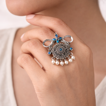Anwita- Silver oxidised ring (Blue)