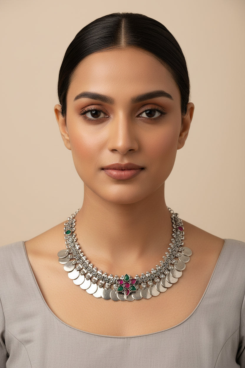 Yashita- Red and Green stone Coin Brass Neckpiece