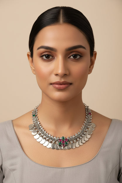 Yashita- Red and Green stone Coin Brass Neckpiece