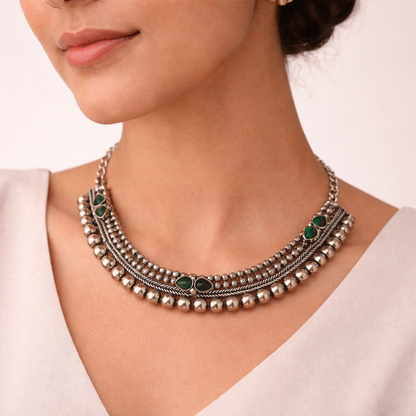 Charita- stone Brass Neckpiece(Green)