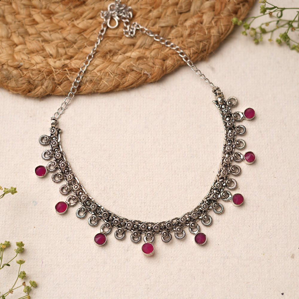 Mridula- Green stone Brass Neckpiece(Red)