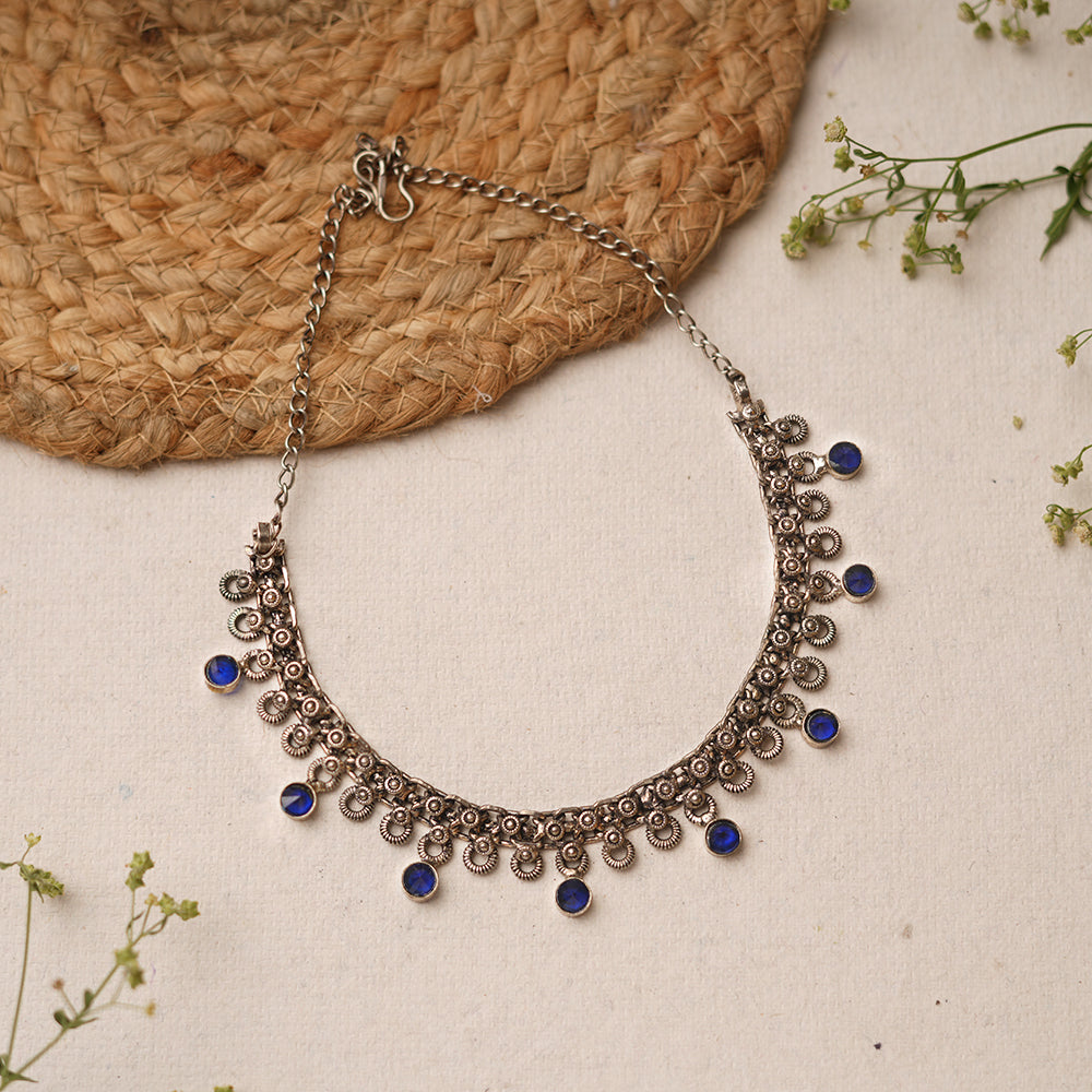 Mridula- Green stone Brass Neckpiece(Blue)