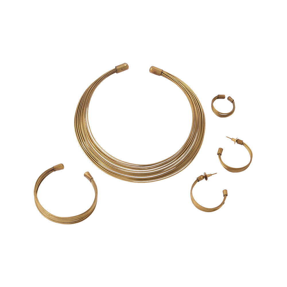 Chitrangada- Multistrand Brass polished Hasli with Earrings & Adjustable Ring