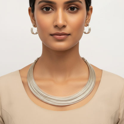 Hemaprabha- Multistrand Brass polished Hasli with Earrings & Adjustable Ring