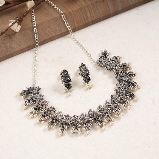 Manorma- Black Stone studded German Silver Neckpiece set