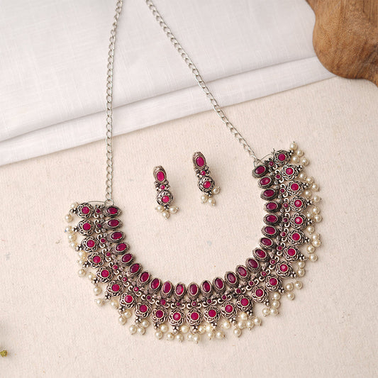 Kamalika- Red Stone studded German Silver Neckpiece set