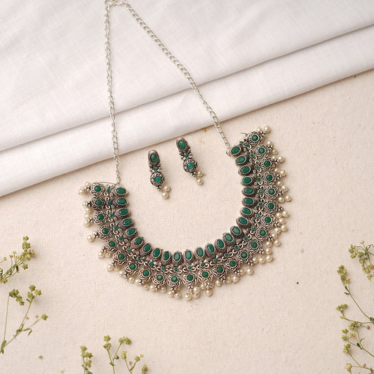 Tarangini- Stone studded German Silver Neckpiece set (Green )