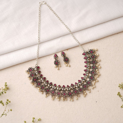 Vatsala- Stone studded German Silver Neckpiece set(Red)