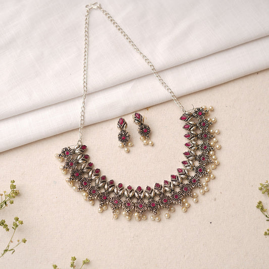 Vatsala- Stone studded German Silver Neckpiece set(Red)