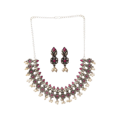 Vatsala- Stone studded German Silver Neckpiece set(Red)