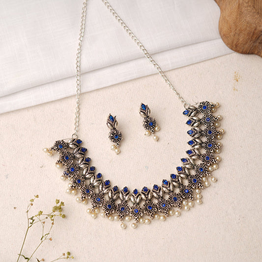Vatsala- Stone studded German Silver Neckpiece set(Blue)