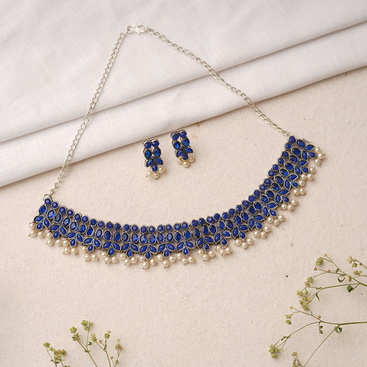 Sharanya- Stone studded German Silver Neckpiece set(Black)