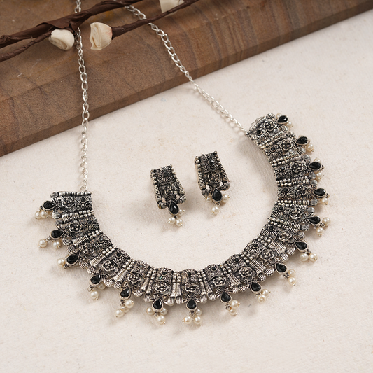 Bhavani- Blue Stone studded German Silver Neckpiece set(Black)