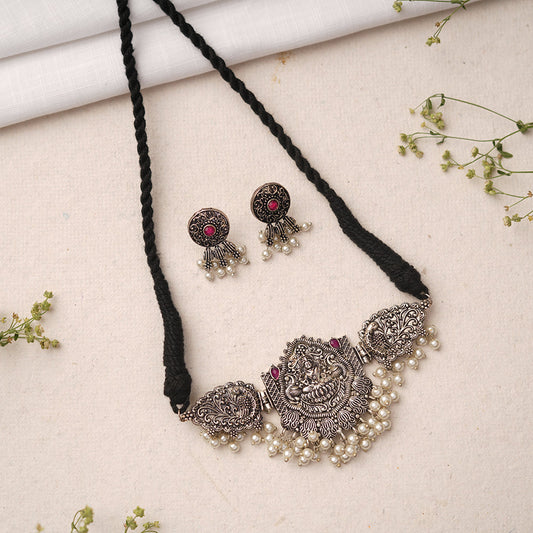 Padmalaya- Stone studded Laxmi Motif German Silver Neckpiece set(Red)