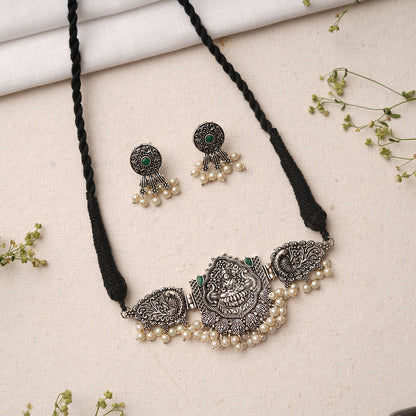 Padmalaya- Stone-Studded Laxmi Motif German Silver Neckpiece set(Green)