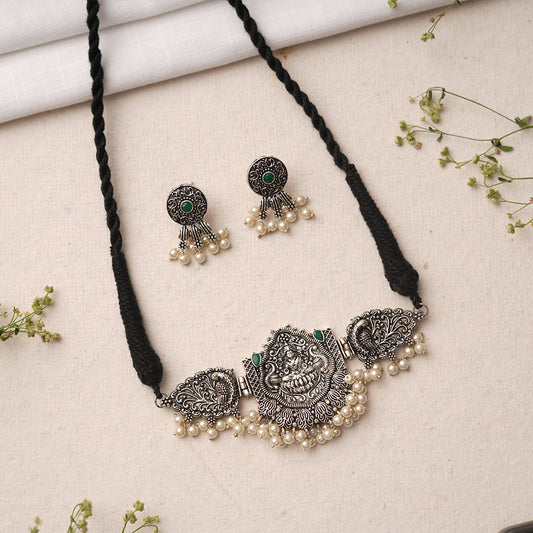 Padmalaya- Stone studded Laxmi Motif German Silver Neckpiece set(Green)