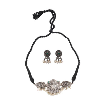 Padmalaya- Stone-Studded Laxmi Motif German Silver Neckpiece set(Green)