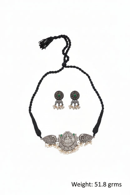 Padmalaya- Stone-Studded Laxmi Motif German Silver Neckpiece set(Green)