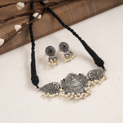 Padmalaya- Stone-Studded Laxmi Motif German Silver Neckpiece set(Black)